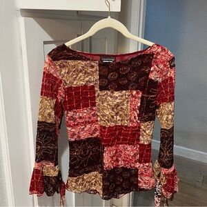Boutique “Castings” Multi-color Velvet Patchwork Lined Blouse with Ties - Small